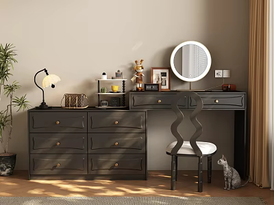 Dark Dressing Table with Round Mirror Drawers Table Lamp and Decorative Items 3d model