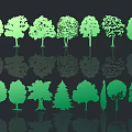 Cartoon Tree Scenes with Various Green Tree Shapes and Reflections on Dark Background 3d model
