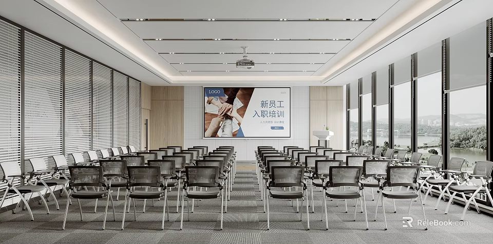 Modern Conference Room Setup for New Employees Onboarding Training With Large Screen and Arranged Chairs 3d model 