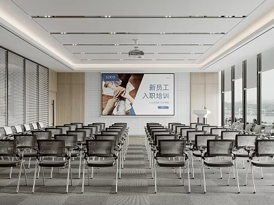 Modern Conference Room Setup for New Employees Onboarding Training With Large Screen and Arranged Chairs 3d model