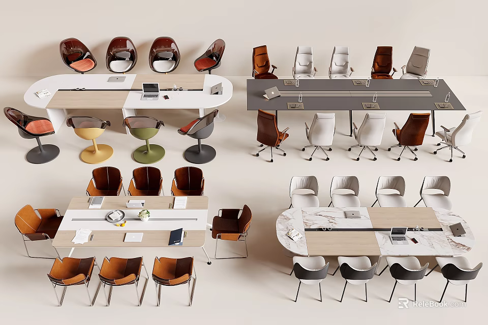 Modern Conference Table Design With Various Chairs For Office Meeting Spaces 3d model 