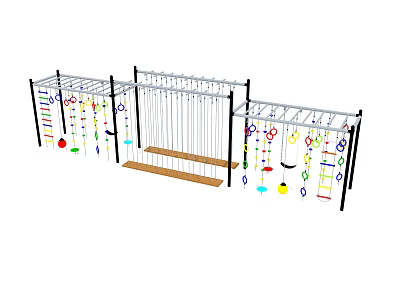 Outdoor Kids Playground Equipment With Metal Frame Colorful Rings Balls And Wooden Swing Board 3d model