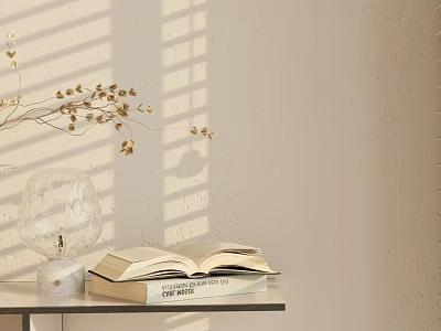 Decorative Ornament Set With Glass Vase Golden Branches Open Book And Sunlight Shadow On Wall 3d model