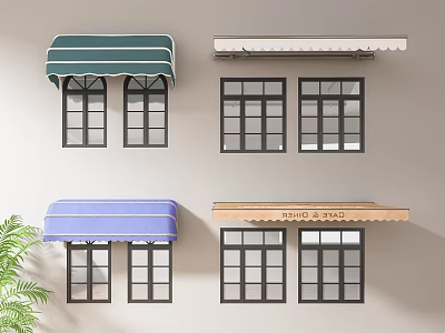Colorful Window Awnings For Cafe Exterior With Green Blue White And Brown Styles 3d model