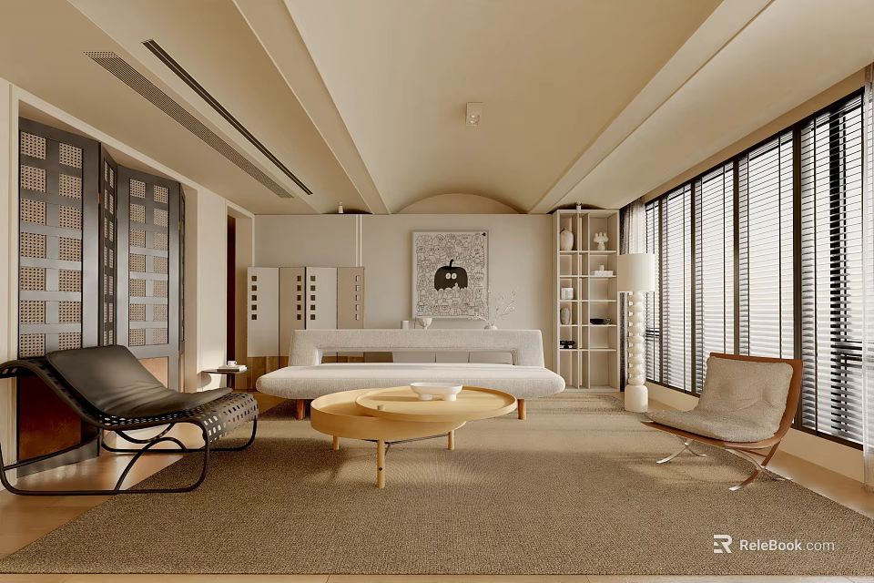 Modern Neutral Living Room Interior With Sofa Coffee Table Chairs Area Rug And Artwork 3d model 