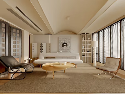 Modern Neutral Living Room Interior With Sofa Coffee Table Chairs Area Rug And Artwork 3d model