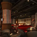 Stylish Bar Interior With Wooden Decor Red Curtains High Stools Armchairs And Pendant Lights