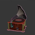 Vintage Phonograph Electronic Appliance With Red Base Black Horn And Vinyl Record