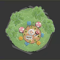 Animals Having Party In Forest With Round Table Cake Food And Chairs