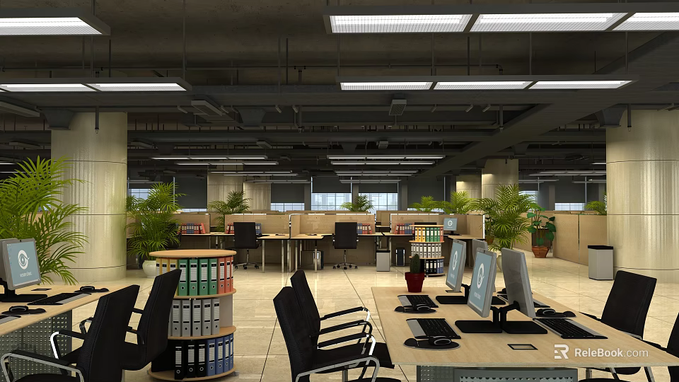 Spacious Public Office Space With Desks Computers File Cabinets Plants And Lighting 3d model 