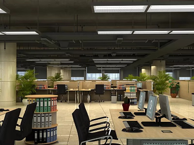 Spacious Public Office Space With Desks Computers File Cabinets Plants And Lighting 3d model