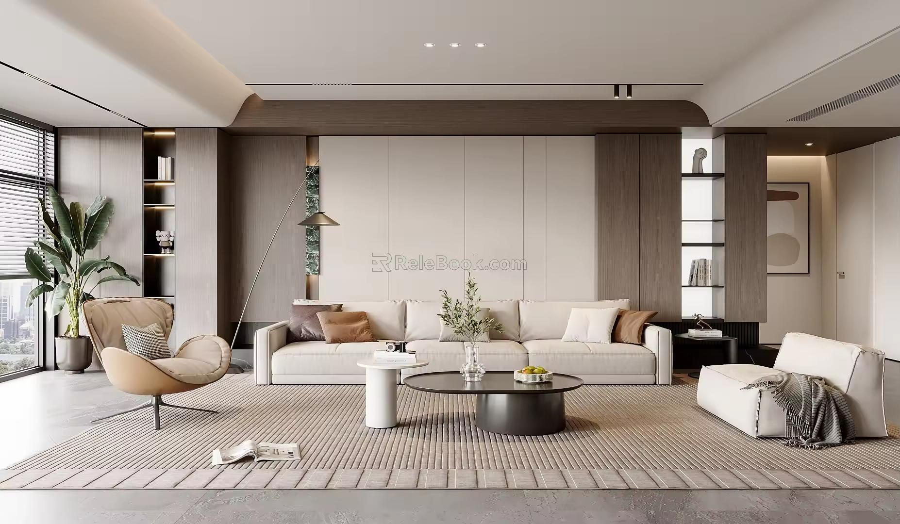 Home Living Room Sofa Coffee Table Combination Single Sofa Lazy Sofa Floor Lamp Decorations Green Planting 3d model