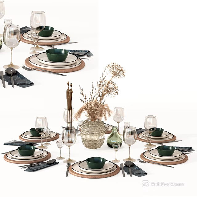 Dinnerware Set With Green Bowls Wooden White Plates Black Napkins Wine Glasses Dried Flowers Vase 3d model 