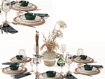 Dinnerware Set With Green Bowls Wooden White Plates Black Napkins Wine Glasses Dried Flowers Vase 3d model
