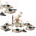 Dinnerware Set With Green Bowls Wooden White Plates Black Napkins Wine Glasses Dried Flowers Vase