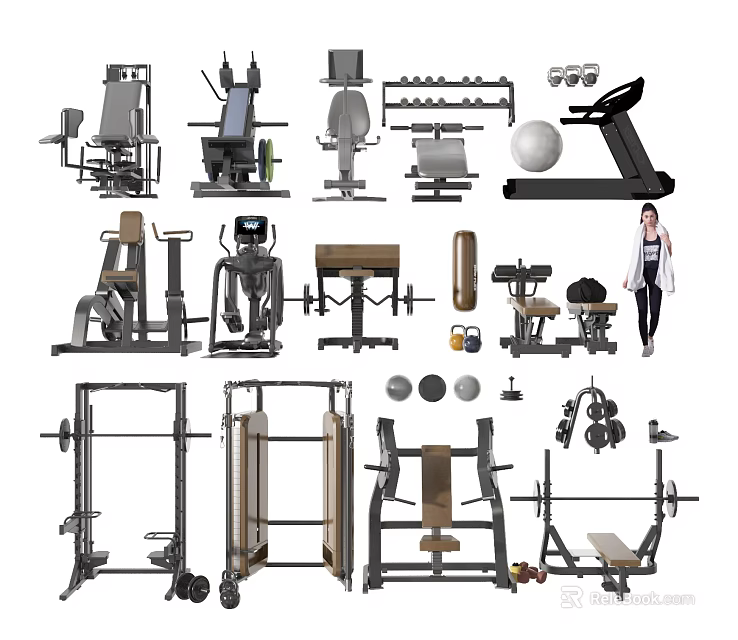 Diverse Fitness Equipment Collection Including Treadmill Dumbbells Benches Weight Racks And Machines 3d model 