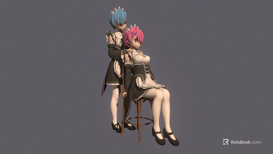 Anime Style Female Characters With Blue And Pink Hair In Maid Outfits Standing And Sitting 3d model 