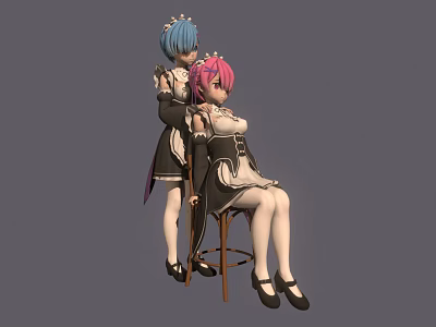 Anime Style Female Characters With Blue And Pink Hair In Maid Outfits Standing And Sitting 3d model