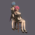 Anime Style Female Characters With Blue And Pink Hair In Maid Outfits Standing And Sitting