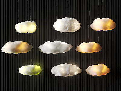 Creative Cloud Shaped Chandeliers Hanging in Black Background with Yellow White Light Green Colors 3d model
