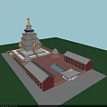 Traditional Ancient Multi Tiered Pagoda Complex With Red Walls Gray Roofs And Courtyard