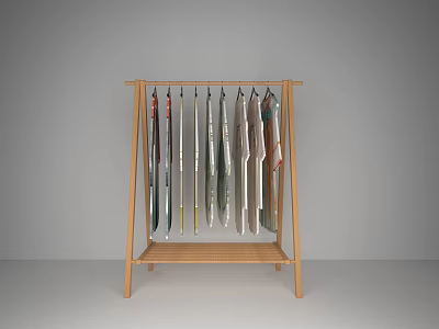Clothing Store Display Featuring Wooden Clothes Rack With Various Fashionable Apparel 3d model