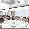 Elegant Banquet Hall Interior With Round Dining Tables Chandeliers And City Night View