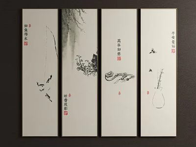 Chinese Style Hanging Paintings Four Panel Ink Art with Birds Branches Lute and Calligraphy 3d model
