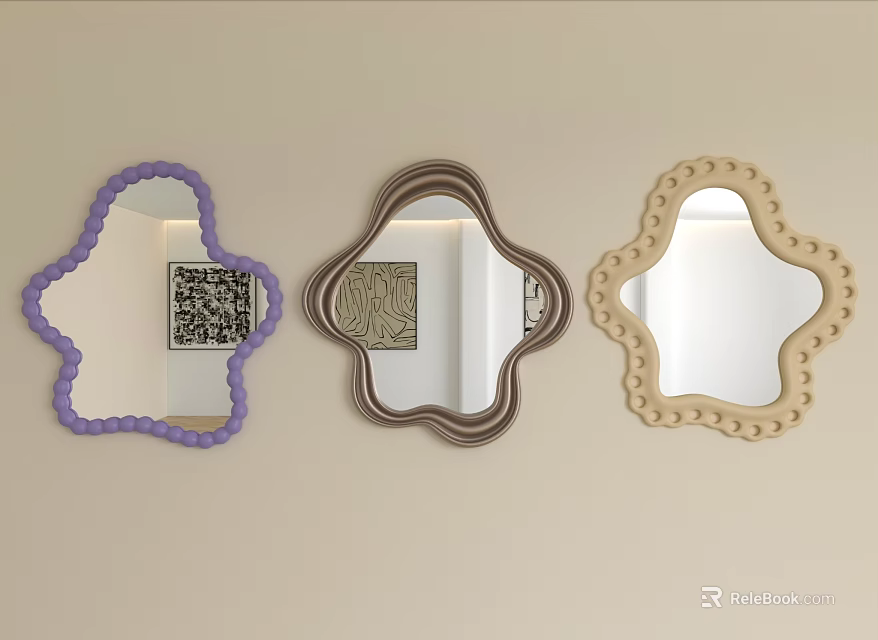 Three Decorative Wall Mounted Mirrors With Purple Brown And Beige Frames 3d model