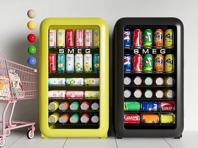 SMEG Yellow and Black Mini Fridges Stocked with Various Beverages and Pink Shopping Cart 3d model