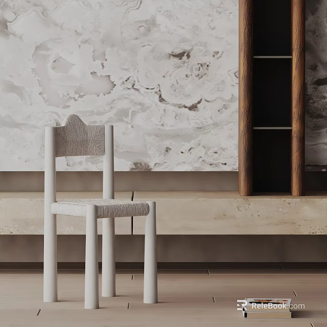 White Minimalist Dining Chair Against Marble Textured Wall With Wooden Shelf And Light Bench 3d model 