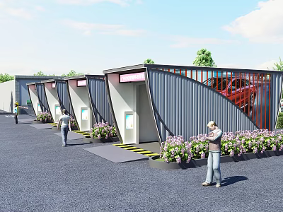 Modern Container Style Parking Lot With Pink Signage Flower Beds And People 3d model