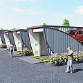 Modern Container Style Parking Lot With Pink Signage Flower Beds And People