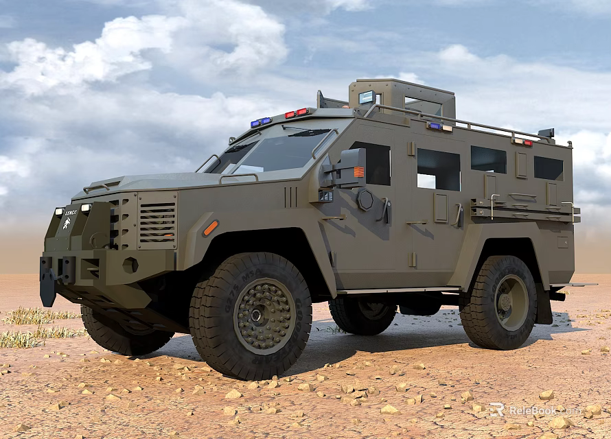 Gray Armored Military Car With Police Lights For Off Road Use 3d model 