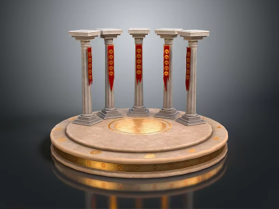 Classical Architectural Columns On Circular Platform With Red Ornaments And Golden Trim 3d model