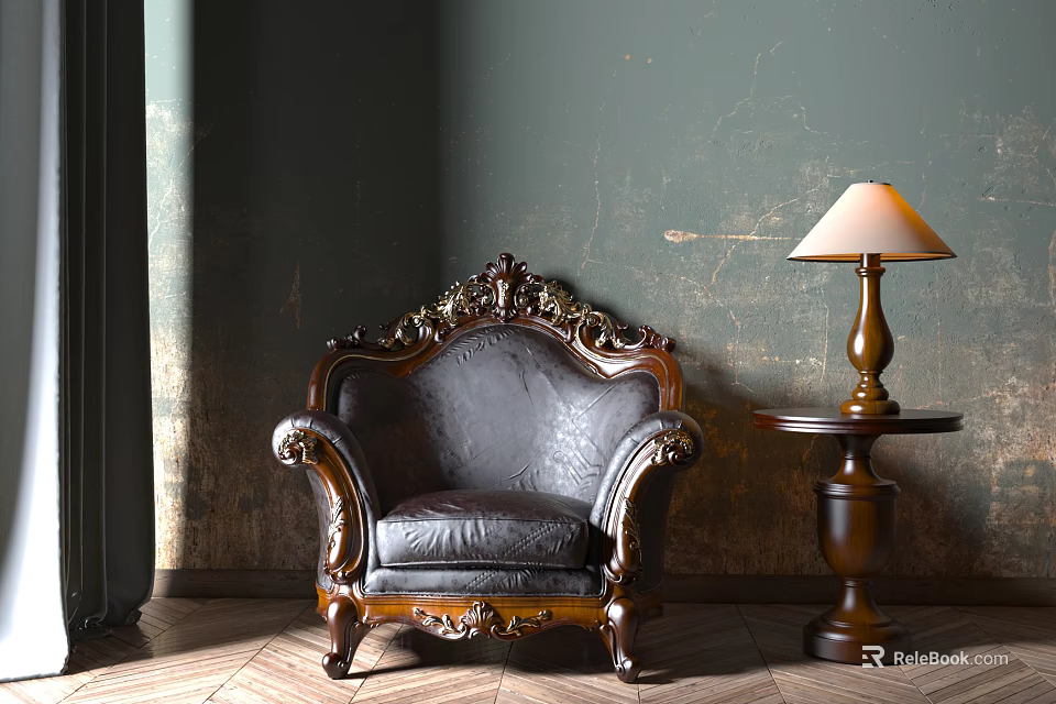 Vintage Leather Single Sofa With Carved Wooden Frame And Side Table Lamp Against Textured Wall 3d model 