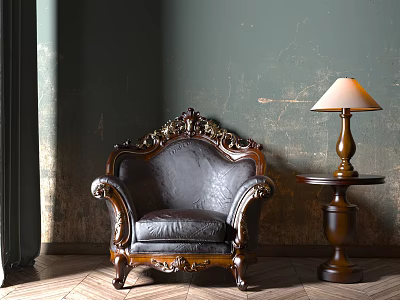 Vintage Leather Single Sofa With Carved Wooden Frame And Side Table Lamp Against Textured Wall 3d model