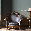 Vintage Leather Single Sofa With Carved Wooden Frame And Side Table Lamp Against Textured Wall