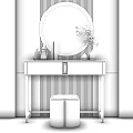 Elegant Modern Dressing Table with Round Mirror Red Flowers Vase Perfume Bottles and Stool