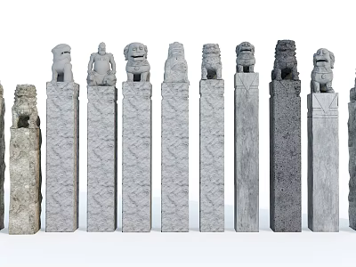 Traditional Carved Stone Pillars With Lion Head Sculptures And Various Designs 3d model