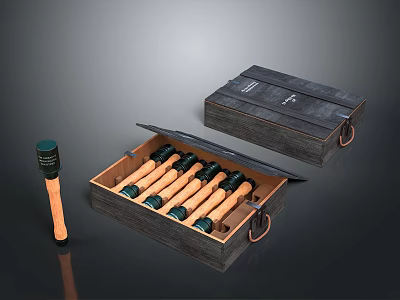 Open Wooden Tool Case With Multiple Wooden Handle Tools And Single Tool 3d model