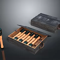 Open Wooden Tool Case With Multiple Wooden Handle Tools And Single Tool