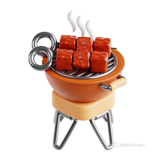 Outdoor Cooking Grill With Red Meat Cubes Smoke And Metal Grates 3d model 