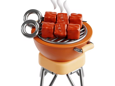 Outdoor Cooking Grill With Red Meat Cubes Smoke And Metal Grates 3d model