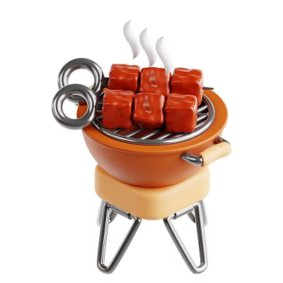 Outdoor Cooking Grill With Red Meat Cubes Smoke And Metal Grates 3d model