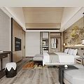 Modern Hotel Guest Room Interior With Wooden Ceiling Sofa Chair TV And Decorative Carpet