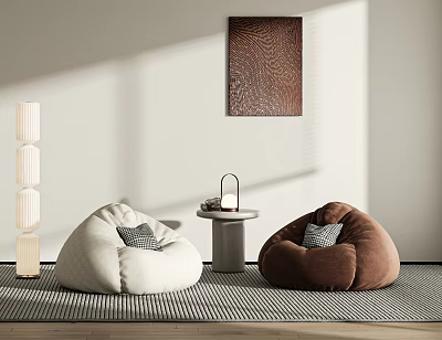 Modern Cozy Corner With White And Brown Bean Bag Chairs Side Table And Floor Lamp 3d model