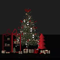 Festive Christmas Decorations Scene With Decorated Tree Gift Boxes Small Trees And Red Ornaments