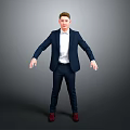 Man in dark blue suit white shirt red shoes with arms outstretched against gray background