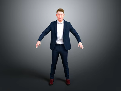 Man in dark blue suit white shirt red shoes with arms outstretched against gray background 3d model